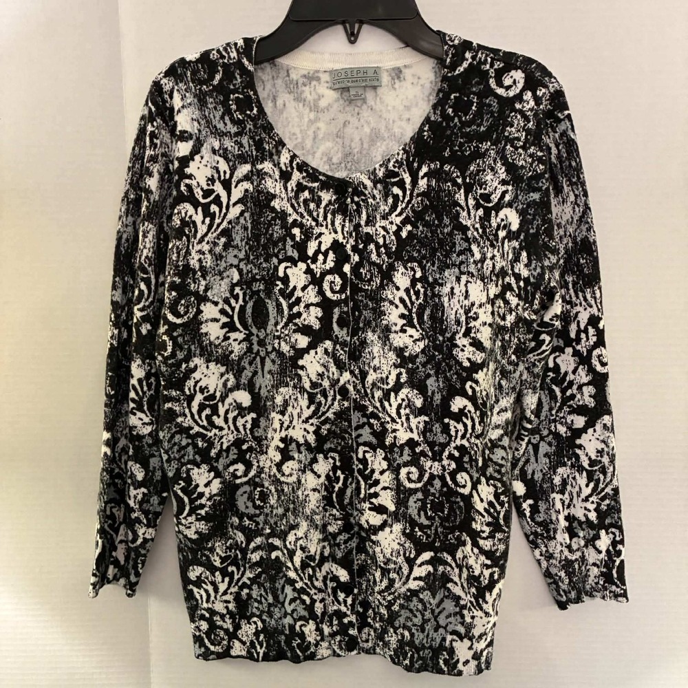 Joseph A Cardigan Womens S Black White Damask Print Button Front Knit Sweater
